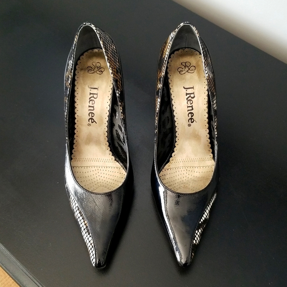 Black patent reptile print heels